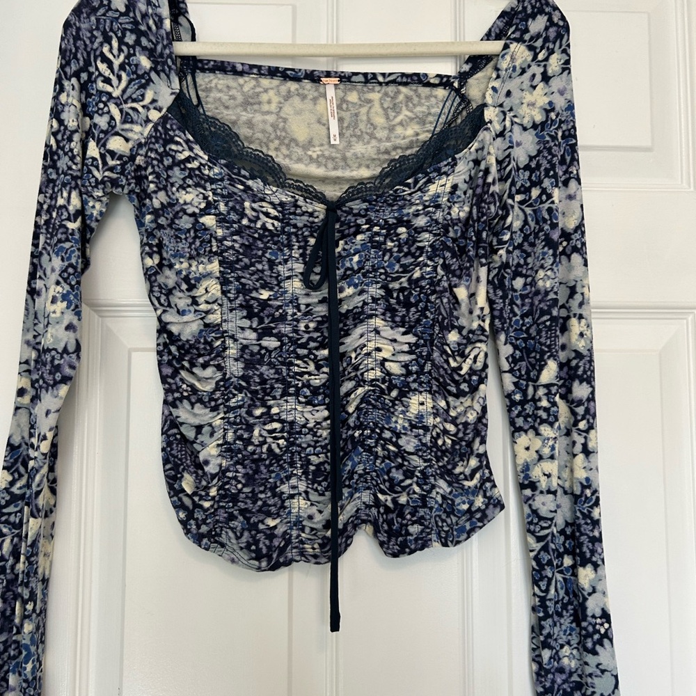 Free People Layer It On Me Blue and White Patterned Blouse